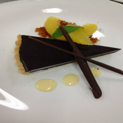 Warm Chocolate Tart, Orange Salad, Honey Anglaise